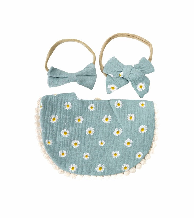Baby Daisy Bib & Bow Headbands Set (Blue)