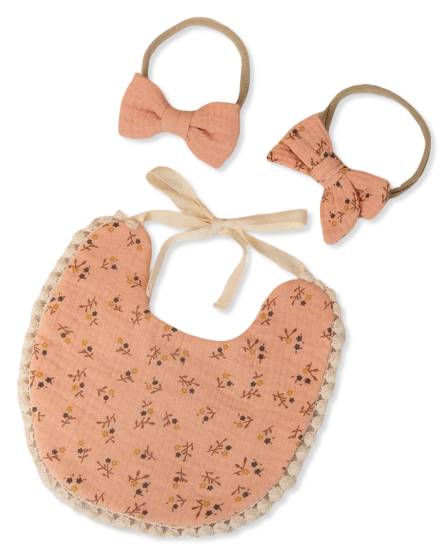 Baby Floral Bib & Bow Headbands Set (Pink)