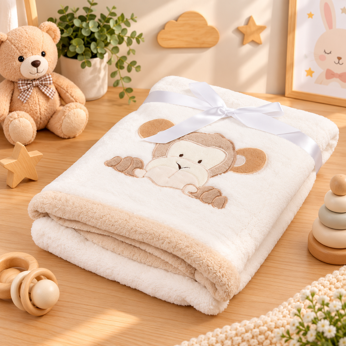 Little Monkey Baby Fleece Blanket – White