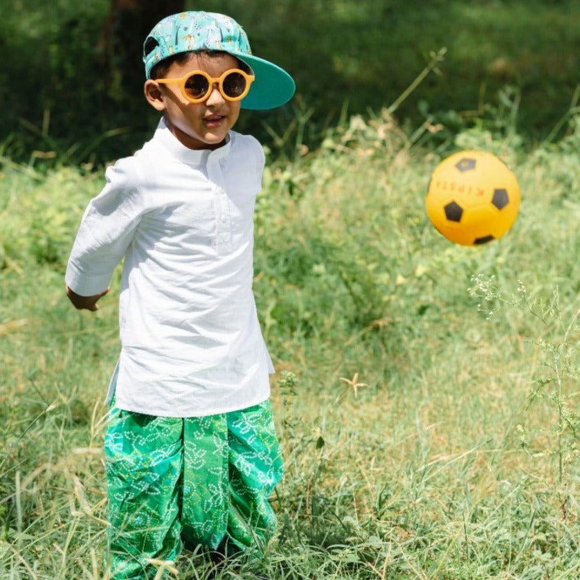 Boys Green Bandhani Print cotton Dhoti for Kids with White Cotton Kurta