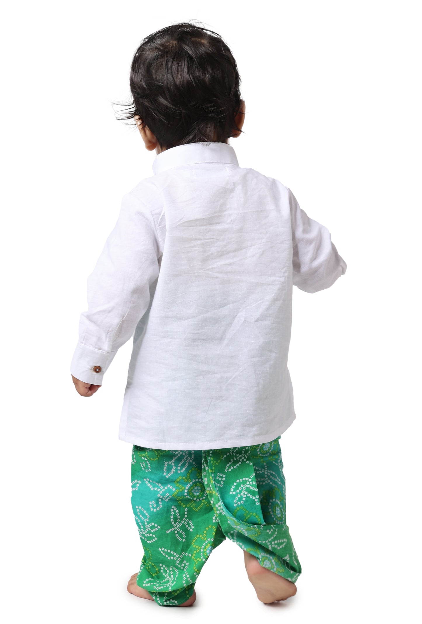 Boys Green Bandhani Print cotton Dhoti for Kids with White Cotton Kurta