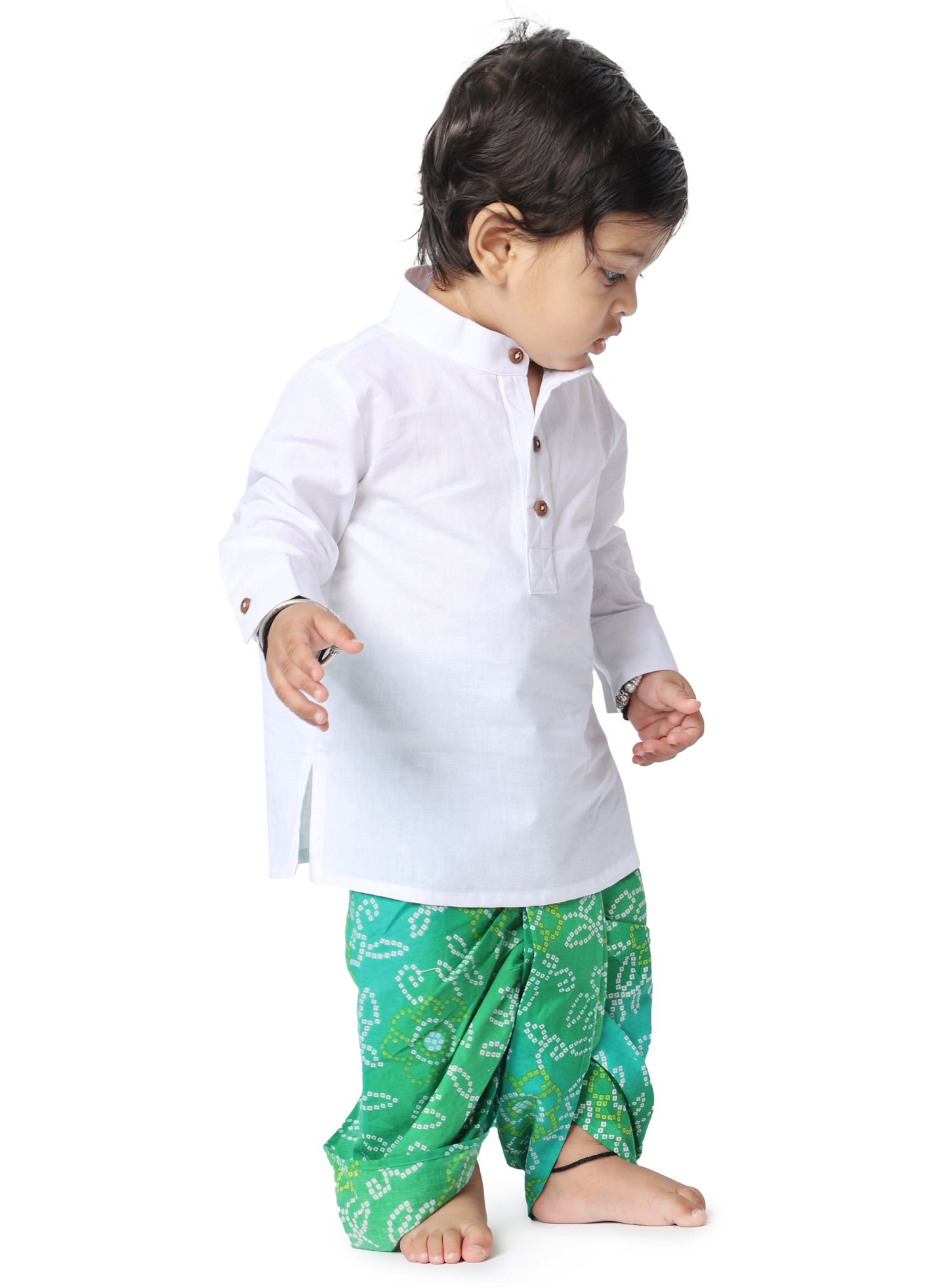 Boys Green Bandhani Print cotton Dhoti for Kids with White Cotton Kurta