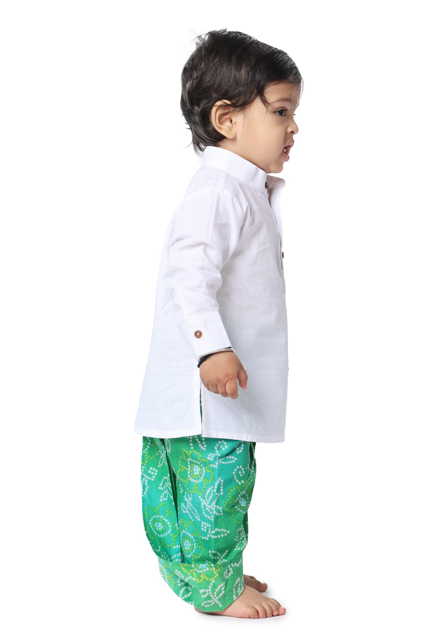 Boys Green Bandhani Print cotton Dhoti for Kids with White Cotton Kurta