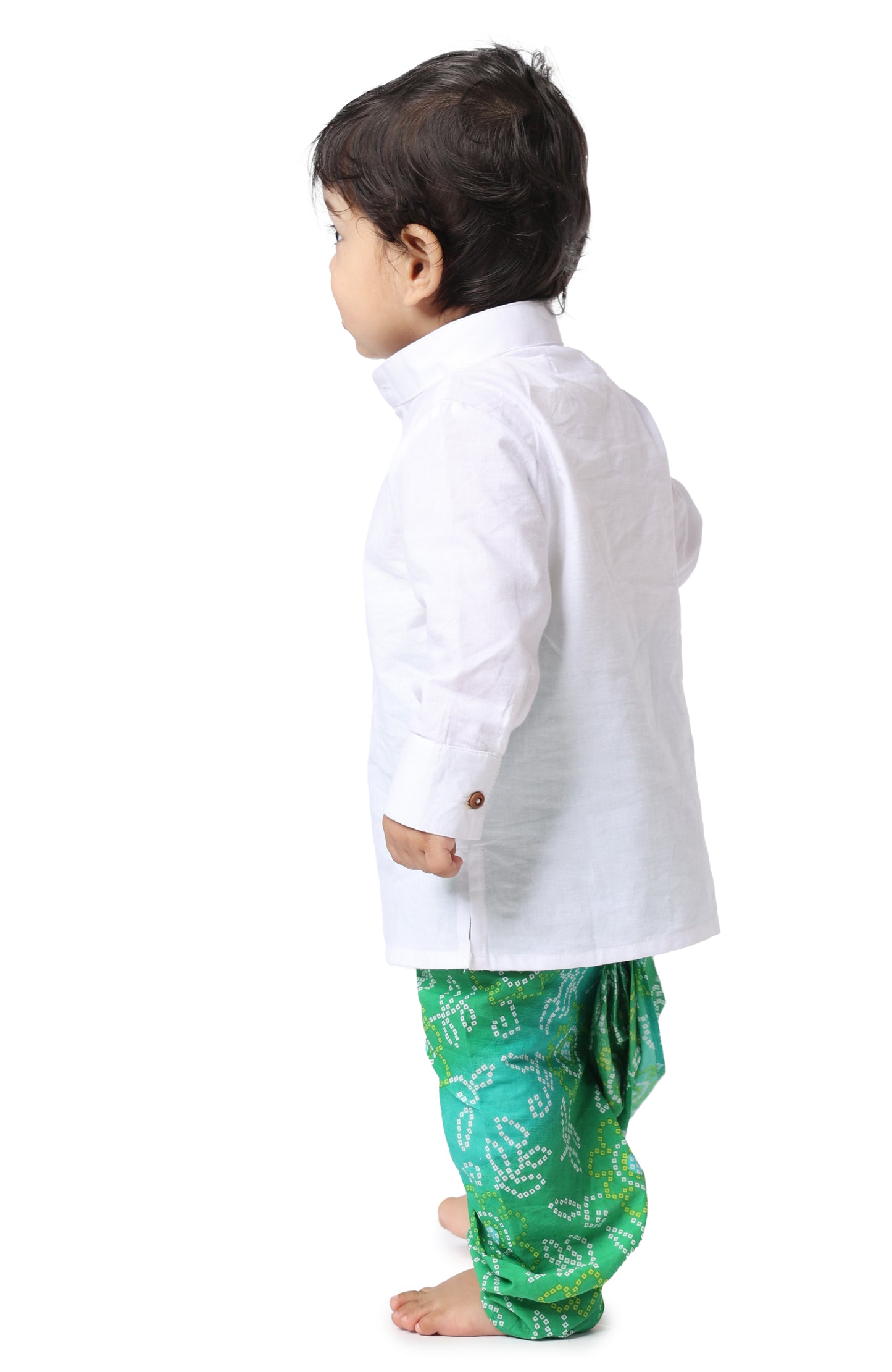 Boys Green Bandhani Print cotton Dhoti for Kids with White Cotton Kurta