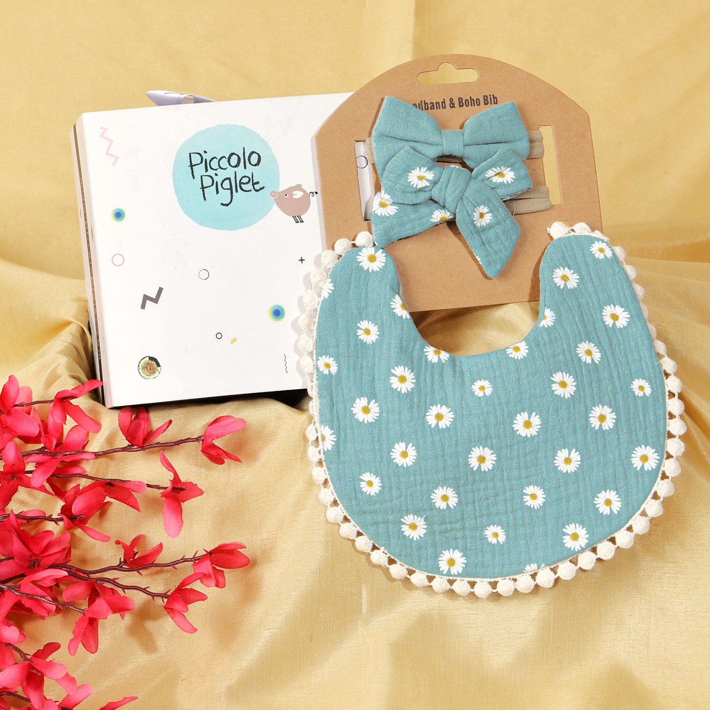 Baby Daisy Bib & Bow Headbands Set (Blue)