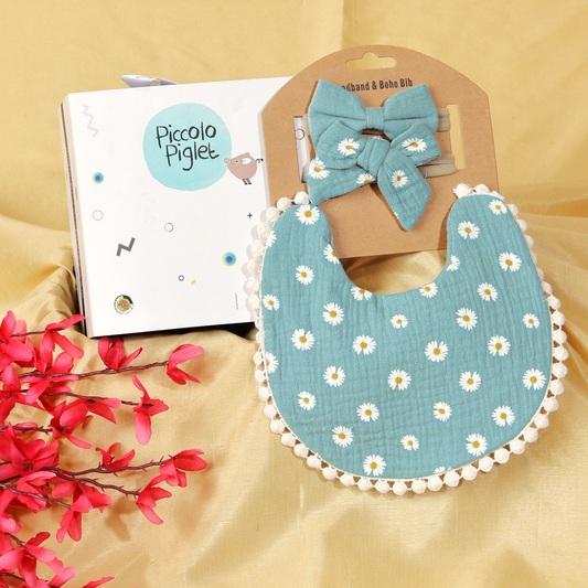 Baby Daisy Bib & Bow Headbands Set (Blue)