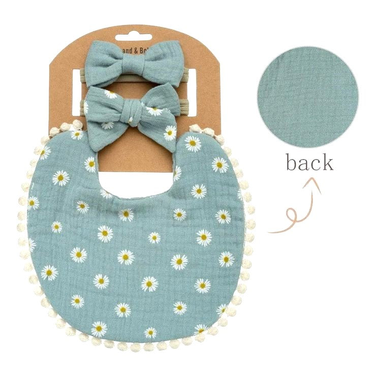Baby Daisy Bib & Bow Headbands Set (Blue)