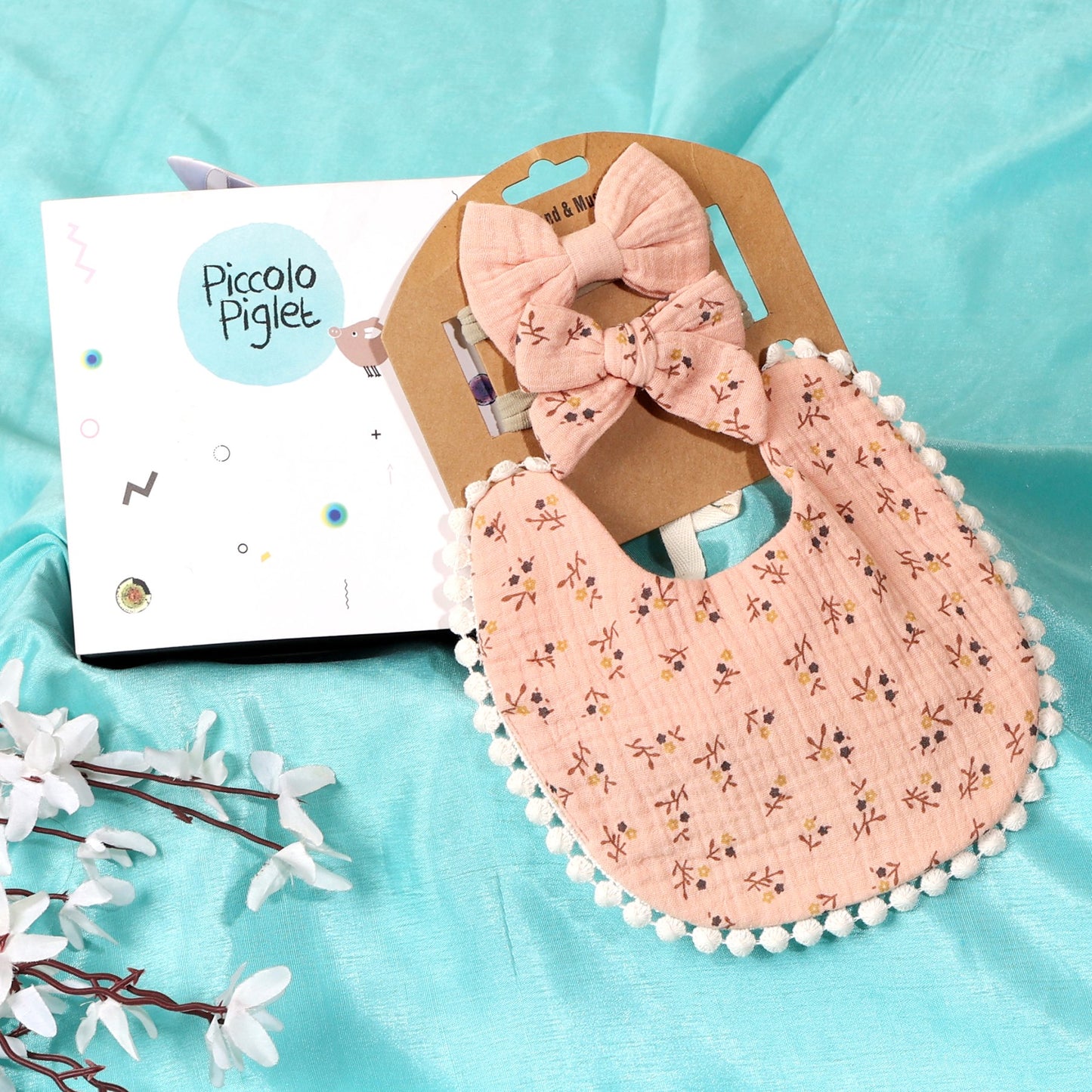 Baby Floral Bib & Bow Headbands Set (Pink)