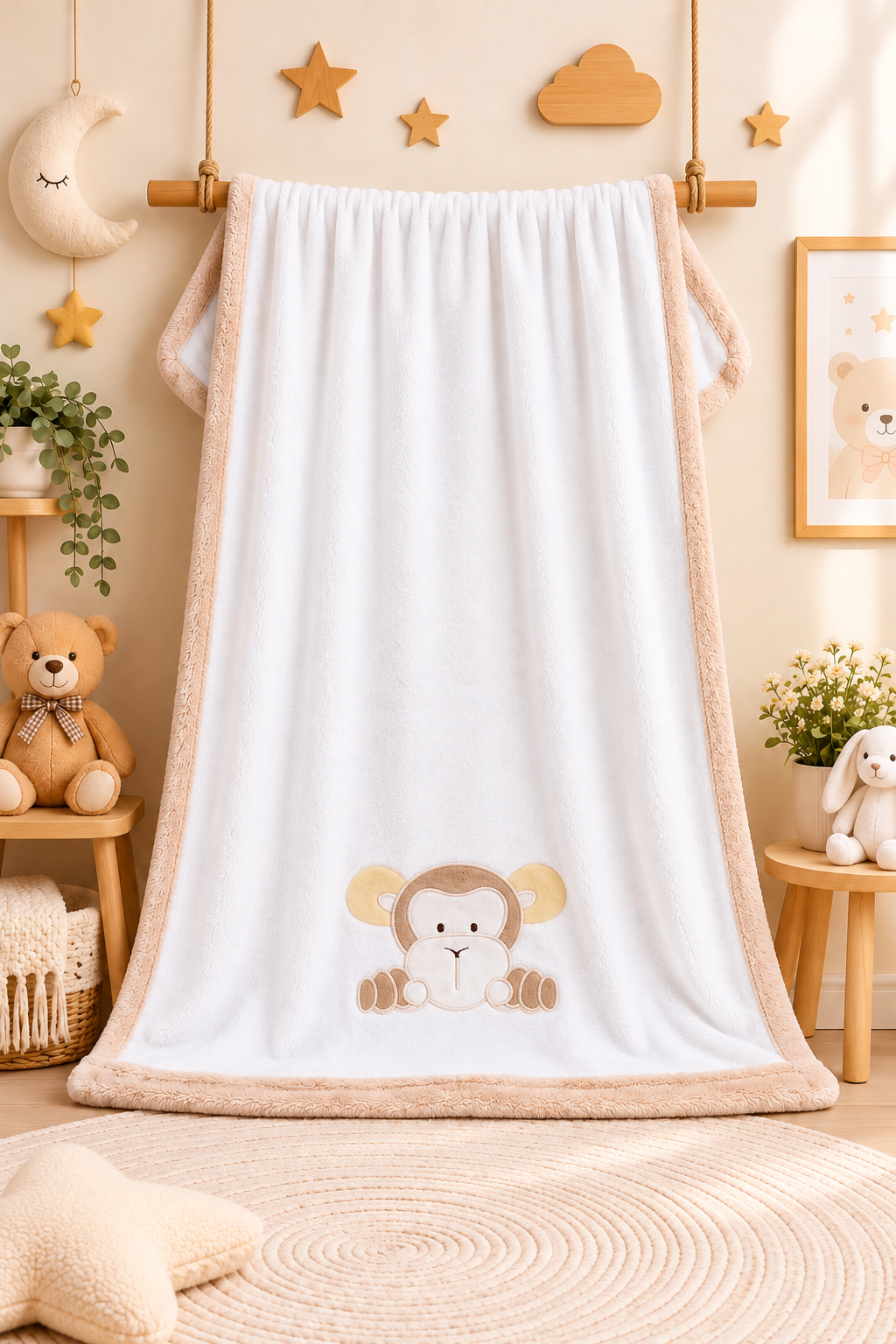Little Monkey Baby Fleece Blanket – White
