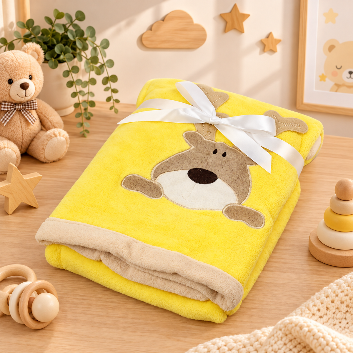 Sunshine Reindeer Baby Fleece Blanket – Yellow