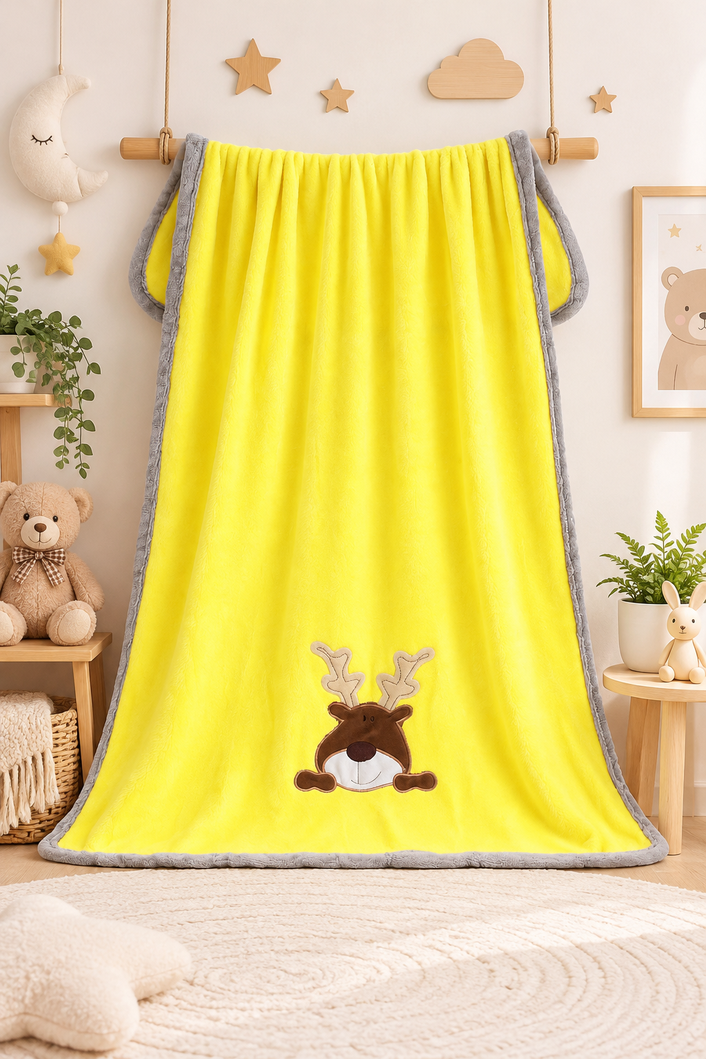 Sunshine Reindeer Baby Fleece Blanket – Yellow