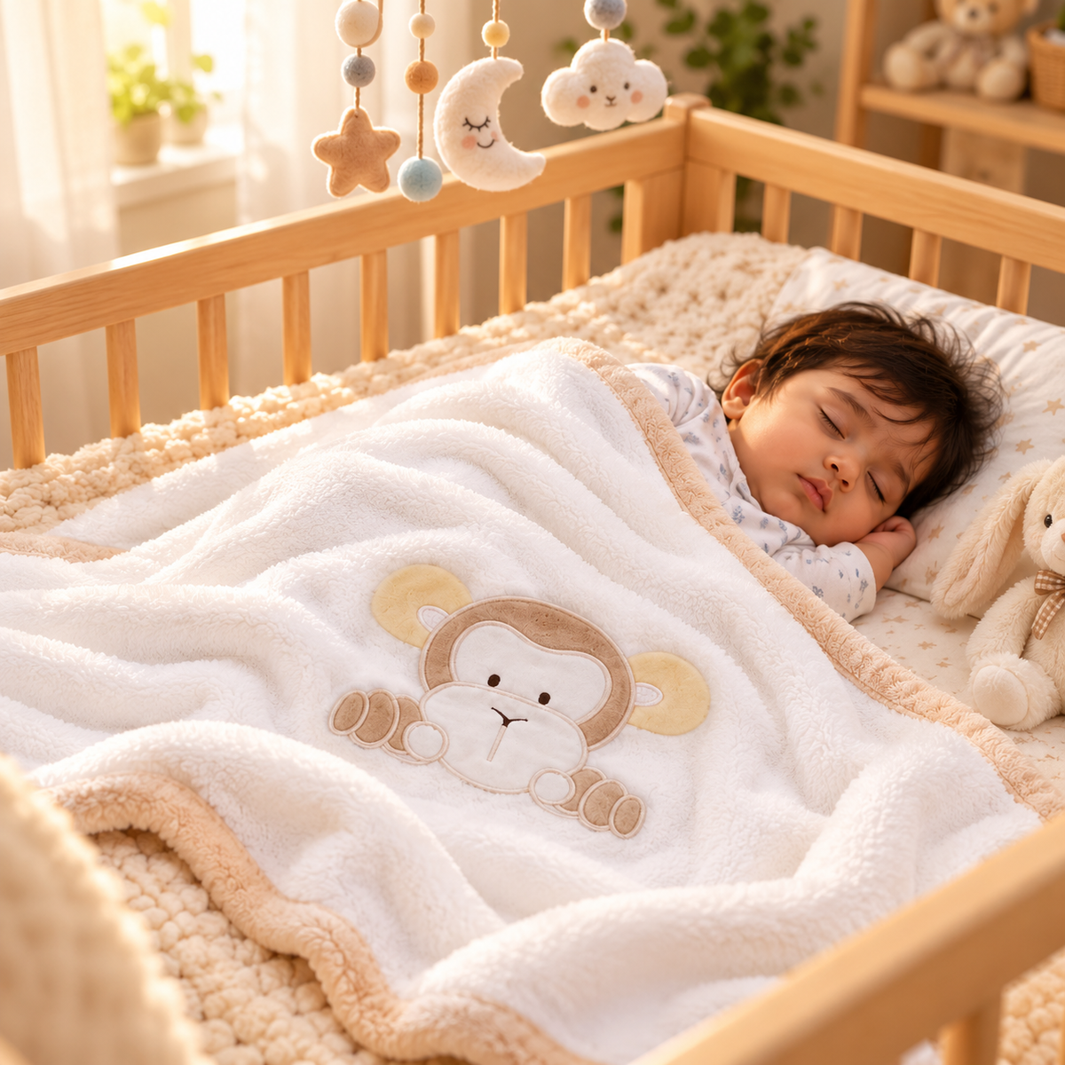 Little Monkey Baby Fleece Blanket – White