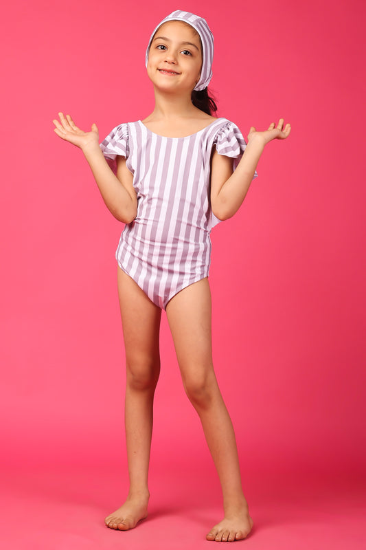 Ruffled Swim Suit (Grey Stripes)