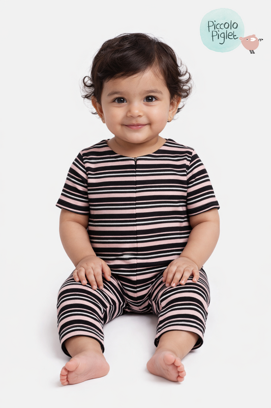 My First Romper (Pink & Black Stripes)