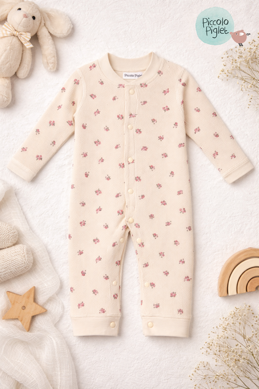 Floral Waffle Romper – Soft Beige