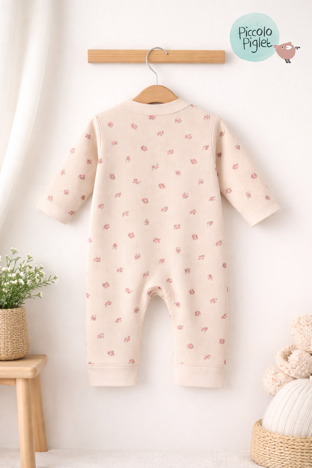 Floral Waffle Romper – Soft Beige
