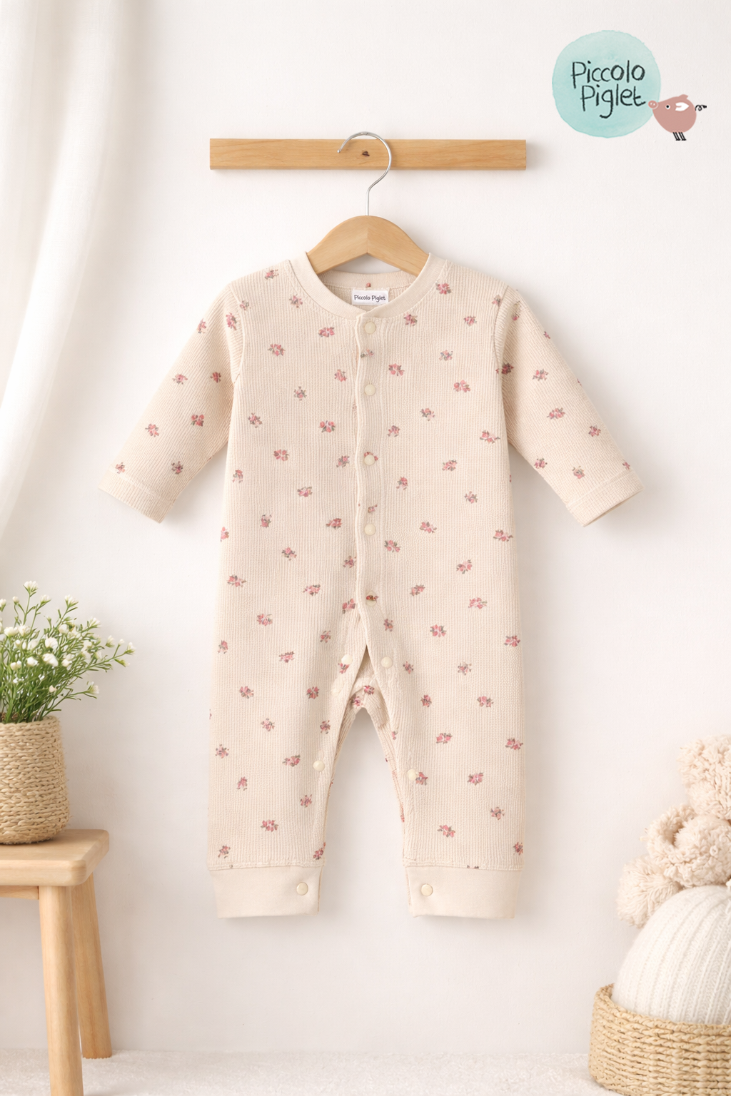 Floral Waffle Romper – Soft Beige