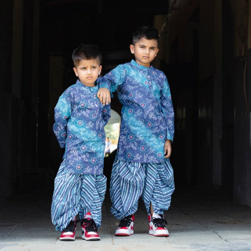 Boys Blue Bandhani Print cotton kurta for Kids with dhoti pant