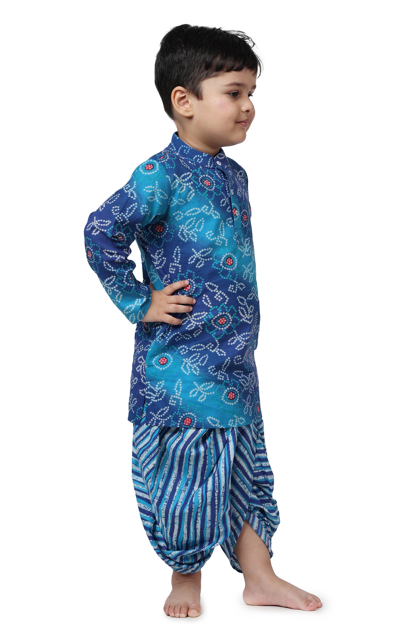 Boys Blue Bandhani Print cotton kurta for Kids with dhoti pant