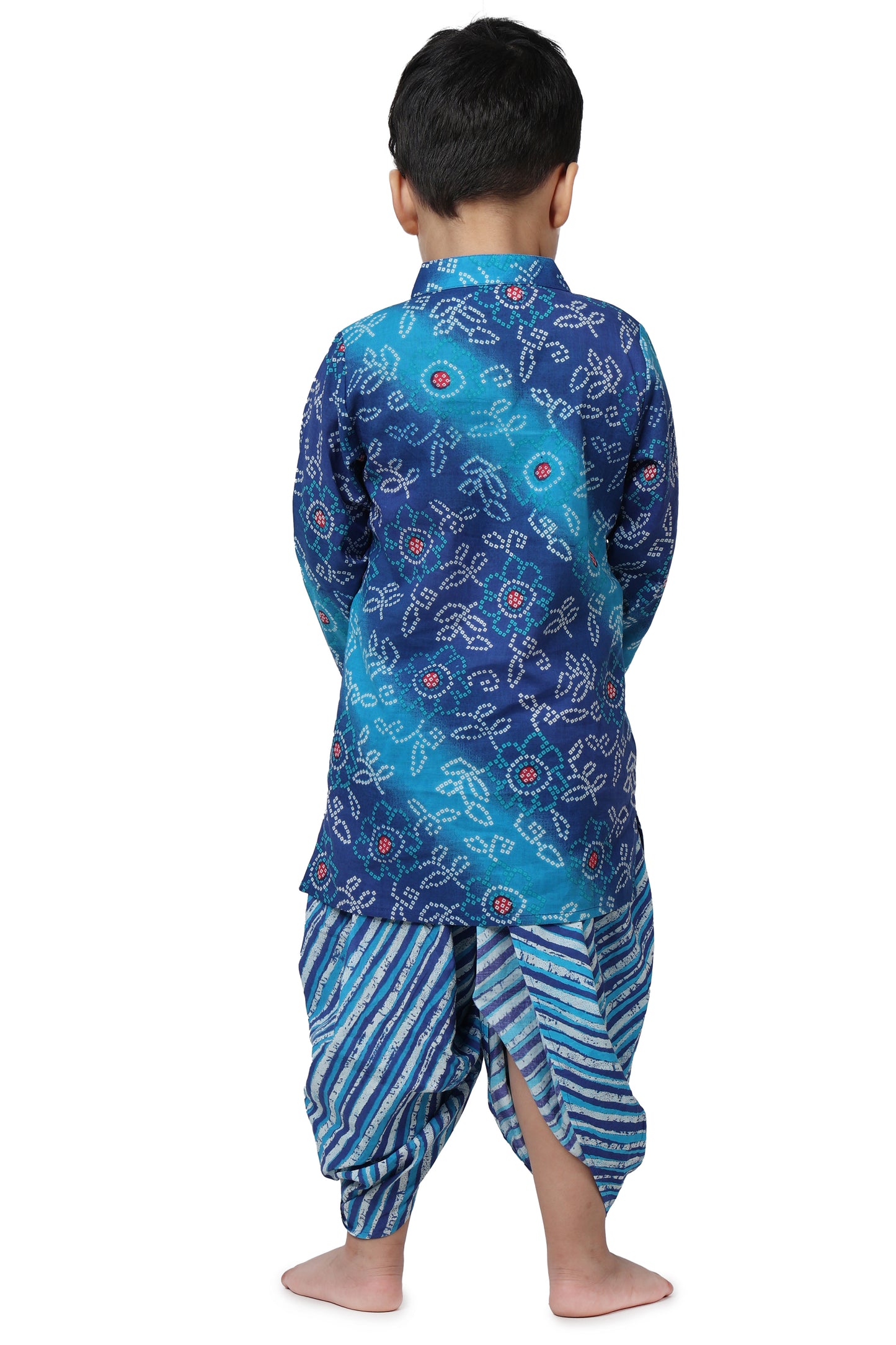 Boys Blue Bandhani Print cotton kurta for Kids with dhoti pant