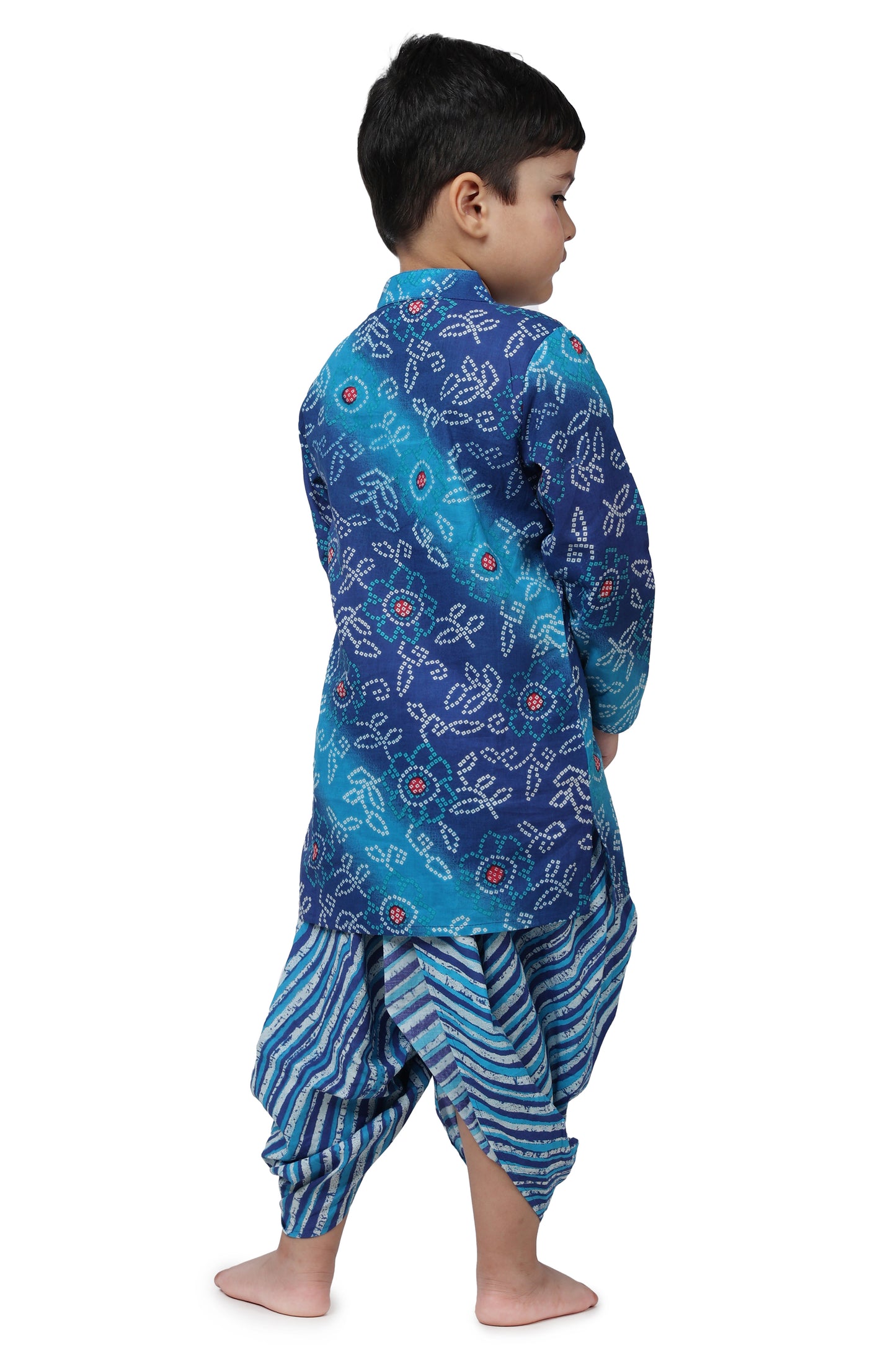 Boys Blue Bandhani Print cotton kurta for Kids with dhoti pant