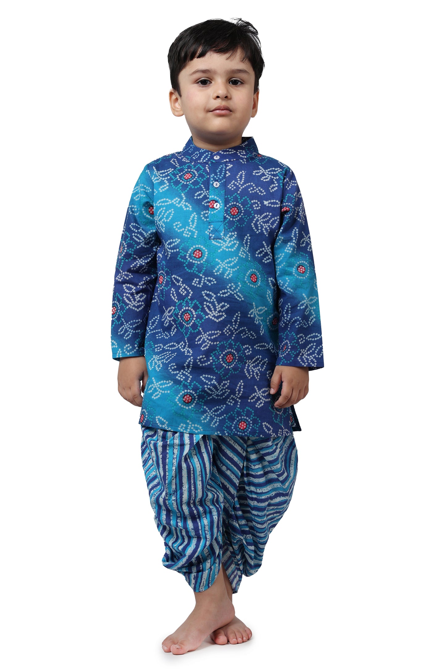 Boys Blue Bandhani Print cotton kurta for Kids with dhoti pant