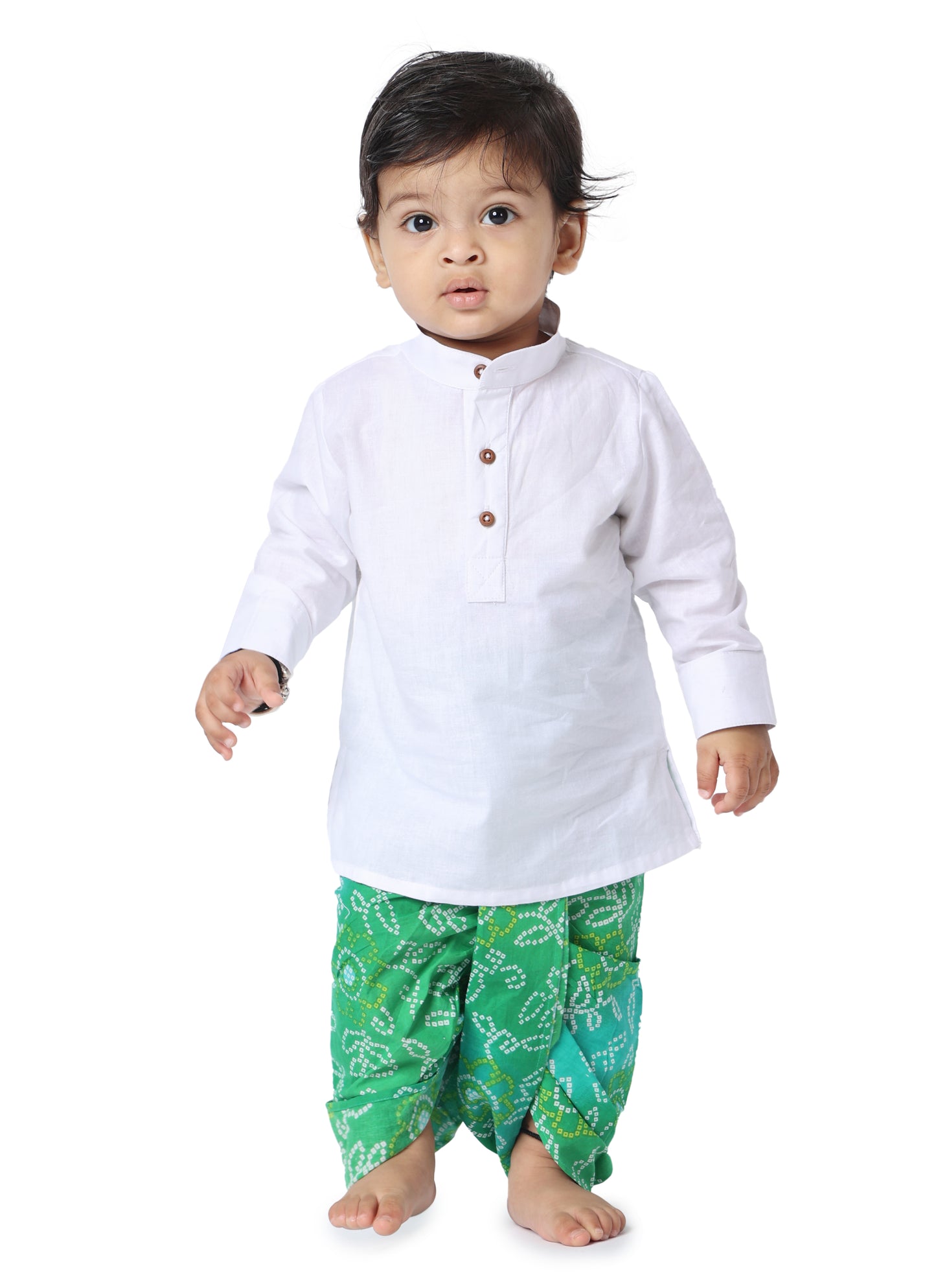 Boys Green Bandhani Print cotton Dhoti for Kids with White Cotton Kurta